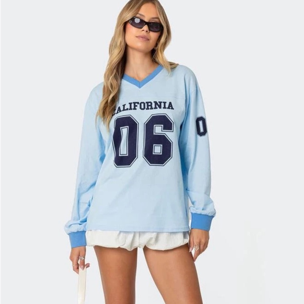 Edikted Light Blue California Graphic Oversized Jersey Top Y2K Sporty XS NWT